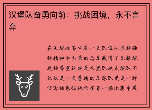 汉堡队奋勇向前：挑战困境，永不言弃