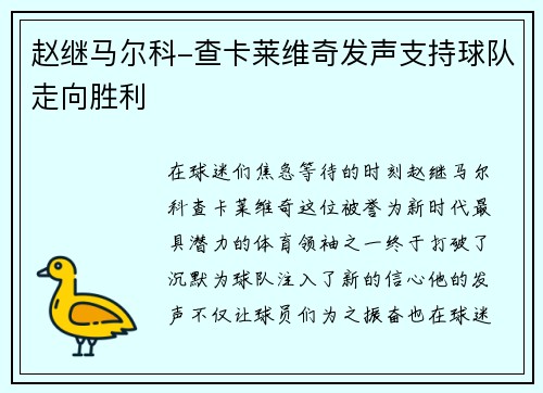 赵继马尔科-查卡莱维奇发声支持球队走向胜利