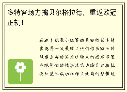 多特客场力擒贝尔格拉德，重返欧冠正轨！
