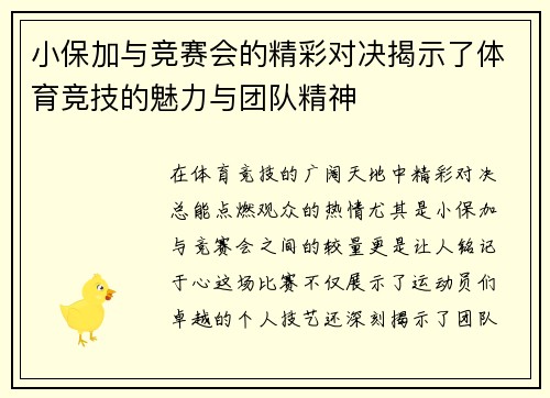 小保加与竞赛会的精彩对决揭示了体育竞技的魅力与团队精神
