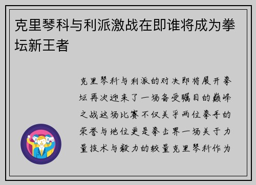 克里琴科与利派激战在即谁将成为拳坛新王者