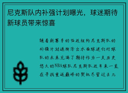 尼克斯队内补强计划曝光，球迷期待新球员带来惊喜