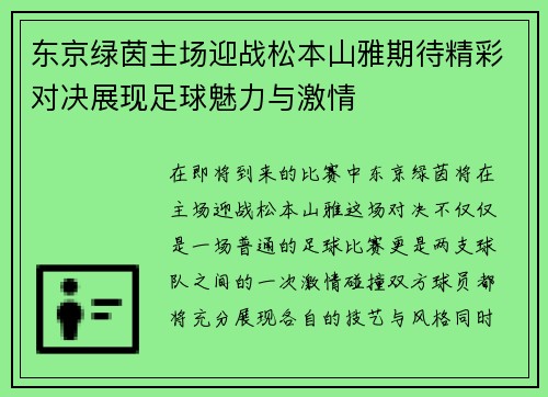 东京绿茵主场迎战松本山雅期待精彩对决展现足球魅力与激情