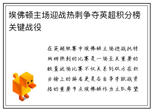 埃佛顿主场迎战热刺争夺英超积分榜关键战役