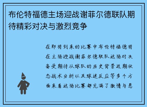 布伦特福德主场迎战谢菲尔德联队期待精彩对决与激烈竞争