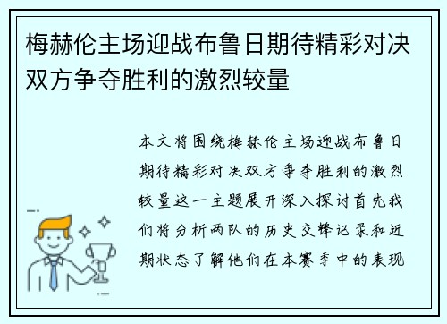 梅赫伦主场迎战布鲁日期待精彩对决双方争夺胜利的激烈较量