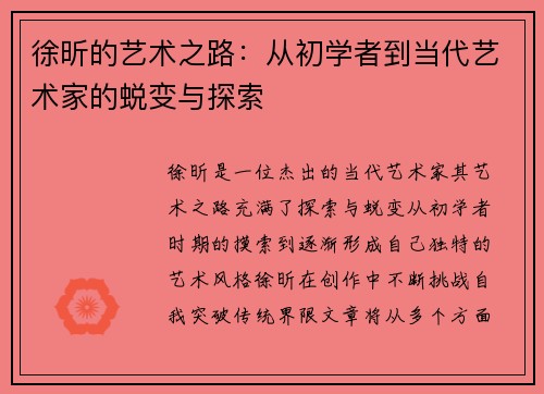徐昕的艺术之路：从初学者到当代艺术家的蜕变与探索