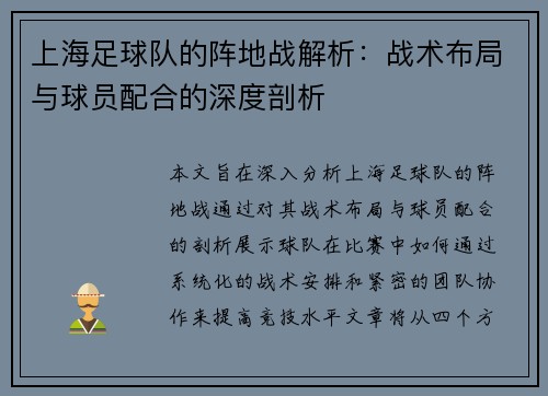 上海足球队的阵地战解析：战术布局与球员配合的深度剖析
