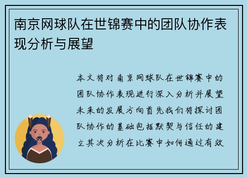 南京网球队在世锦赛中的团队协作表现分析与展望