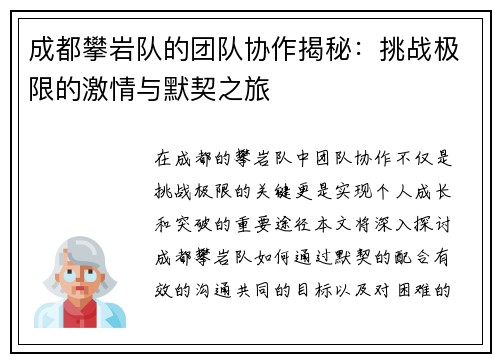 成都攀岩队的团队协作揭秘：挑战极限的激情与默契之旅