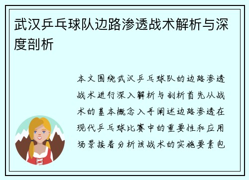 武汉乒乓球队边路渗透战术解析与深度剖析