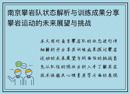 南京攀岩队状态解析与训练成果分享攀岩运动的未来展望与挑战